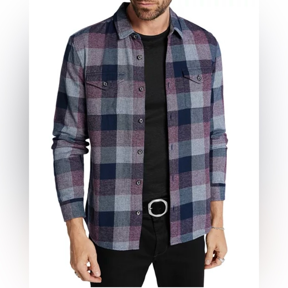 $248 NWT John Varvatos Dale Shirt XS Blue Plaid Flannel Men's 100% Cotton